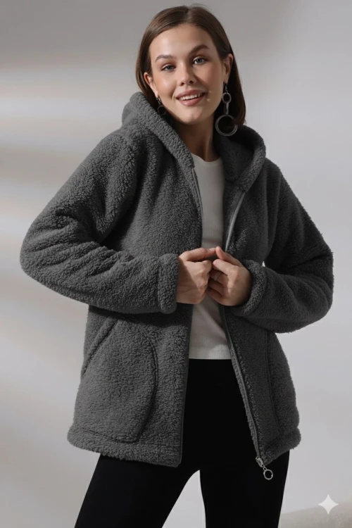 Kadın Antrasit Welsoft esnek kumaş Peluş Yumoş Önü Fermuarlı Kapüşonlu Ceket HZL23W-DSB110081