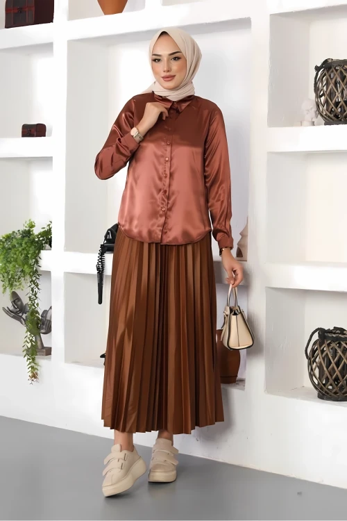 Kadın Bakır Saten Yüzeyli Tesettür Gömlek HZL25W-BD139641