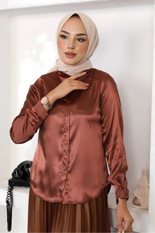 Kadın Bakır Saten Yüzeyli Tesettür Gömlek HZL25W-BD139641