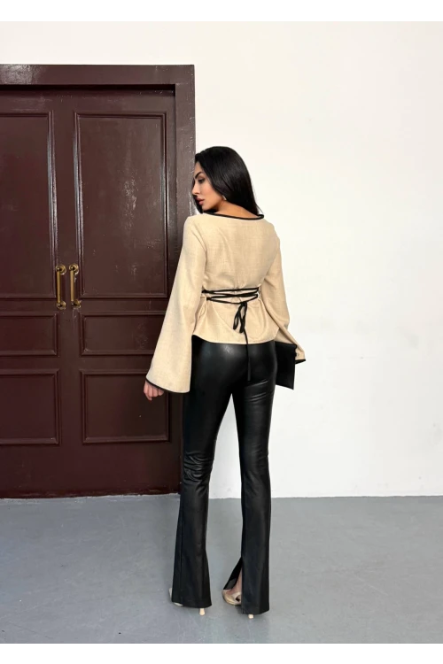 Kadın Bej İp Bağlamalı Biye Detaylı Uzun Kollu Keten Bluz HZL25W-FRY123691