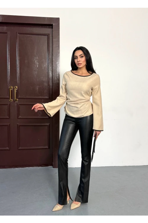 Kadın Bej İp Bağlamalı Biye Detaylı Uzun Kollu Keten Bluz HZL25W-FRY123691