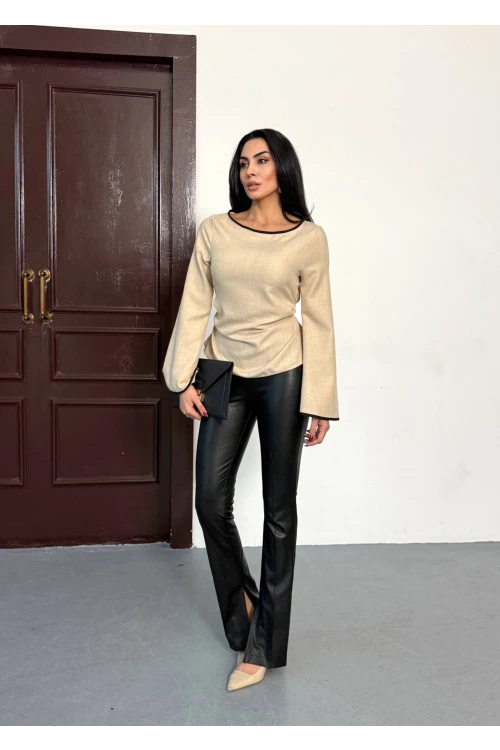 Kadın Bej İp Bağlamalı Biye Detaylı Uzun Kollu Keten Bluz HZL25W-FRY123691