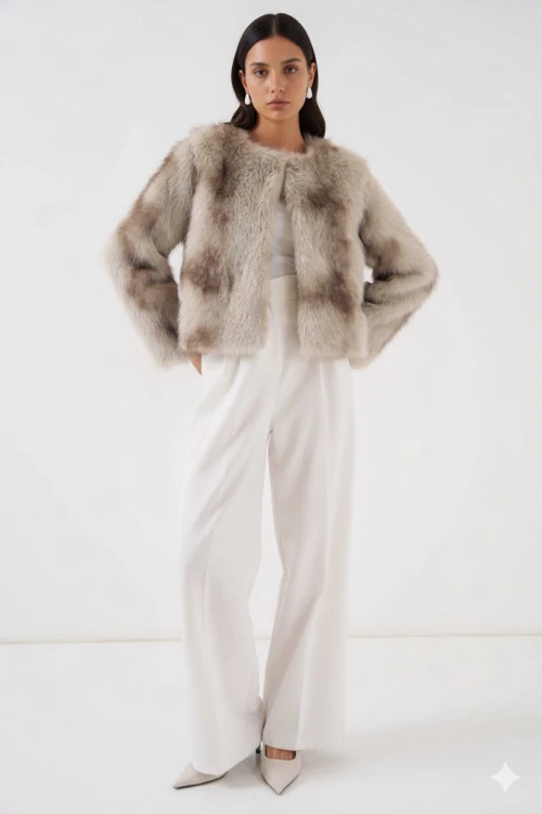 Kadın Bej İçi Astarlı Peluş Kürk Mont HZL25W-BD152251