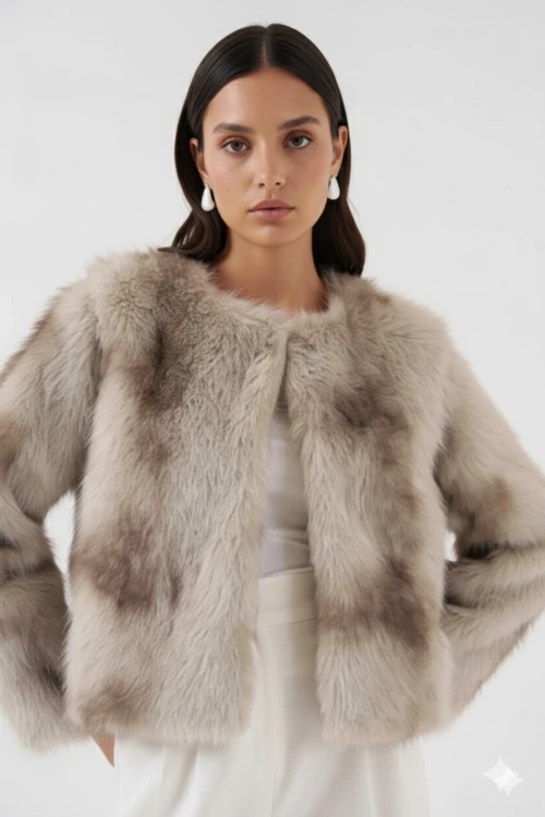 Kadın Bej İçi Astarlı Peluş Kürk Mont HZL25W-BD152251