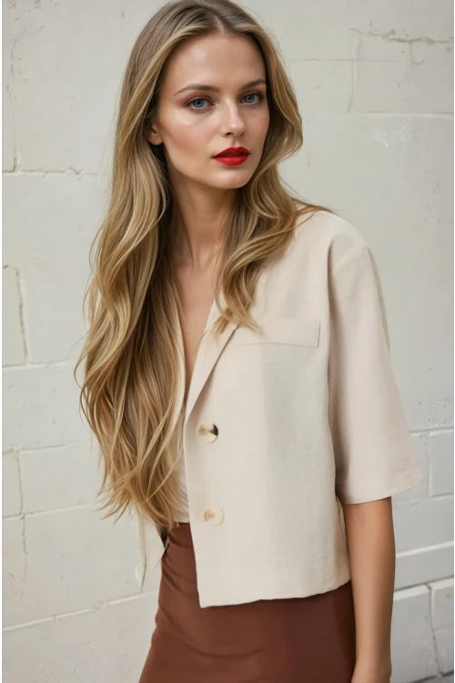 Kadın Bej Kısa Kollu Şal Yaka Düğmeli Mevsimlik Keten Ayrobin Ceket HZL24S-BD107061