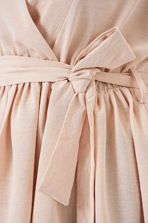 Kadın Bej Kruvaze Yaka Beli Lastikli Kuşaklı Bluz HZL25S-BD19661