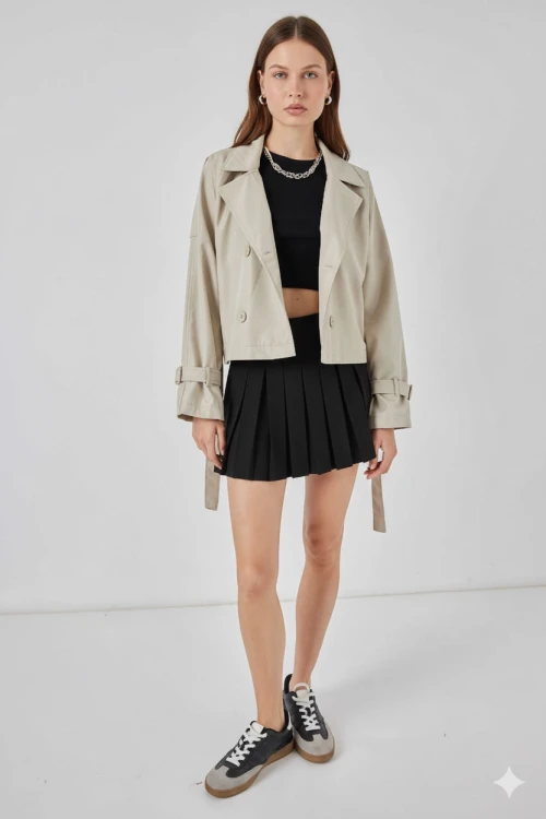 Kadın Bej Kruvaze Yaka Kuşaklı Astarlı Kısa Trençkot HZL25W-BD159701