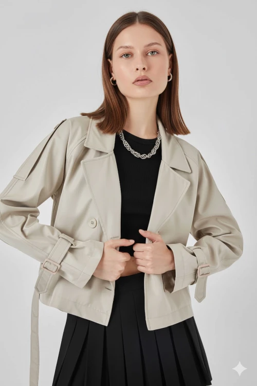 Kadın Bej Kruvaze Yaka Kuşaklı Astarlı Kısa Trençkot HZL25W-BD159701