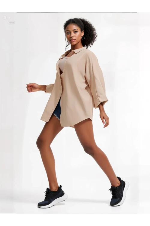 Kadın Bej Oversize Uzun Basic Gömlek HZL22W-BD139001