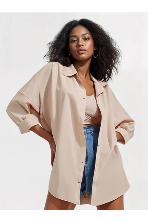 Kadın Bej Oversize Uzun Basic Gömlek HZL22W-BD139001