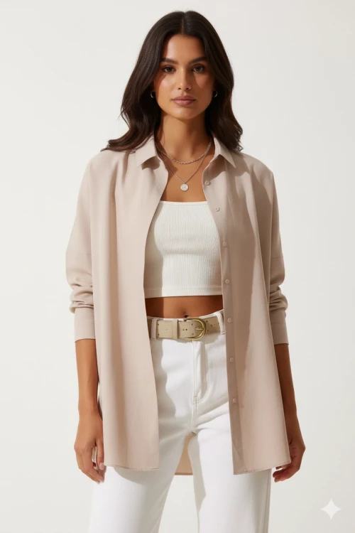Kadın Bej Oversize Uzun Basic Gömlek HZL22W-BD139001