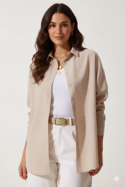 Kadın Bej Oversize Uzun Basic Gömlek HZL22W-BD139001