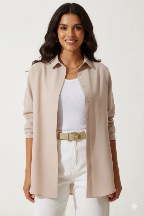 Kadın Bej Oversize Uzun Basic Gömlek HZL22W-BD139001