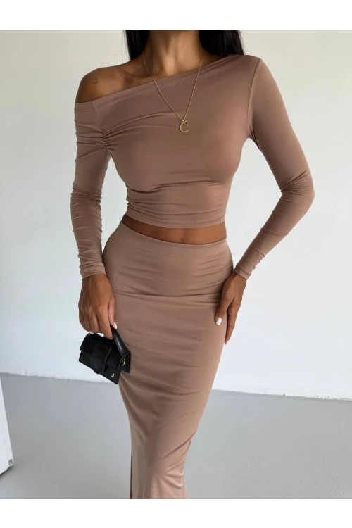 Kadın Bej Tek Omuz Drapeli Sandy Kumaş  İkili Takım HZL25W-FRY122511