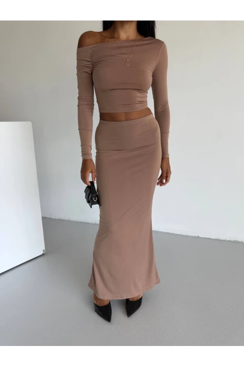 Kadın Bej Tek Omuz Drapeli Sandy Kumaş  İkili Takım HZL25W-FRY122511