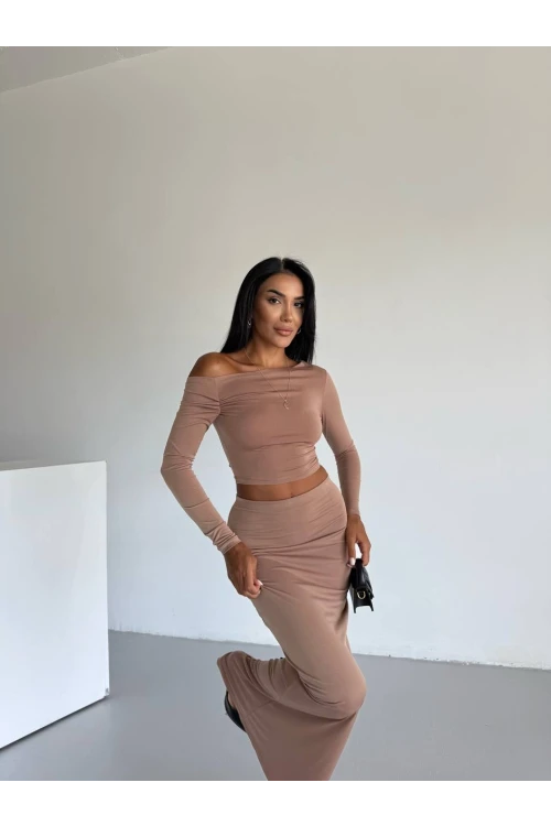 Kadın Bej Tek Omuz Drapeli Sandy Kumaş  İkili Takım HZL25W-FRY122511
