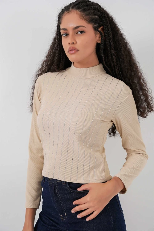 Kadın Bej Yarım Balıkçı Önü Taşlı Body HZL25W-BD19221