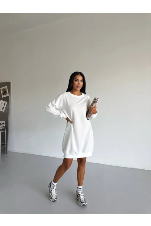 Kadın Beyaz Bisiklet Yaka 2 iplik Günlük Rahat Elbise HZL25W-FRY123451