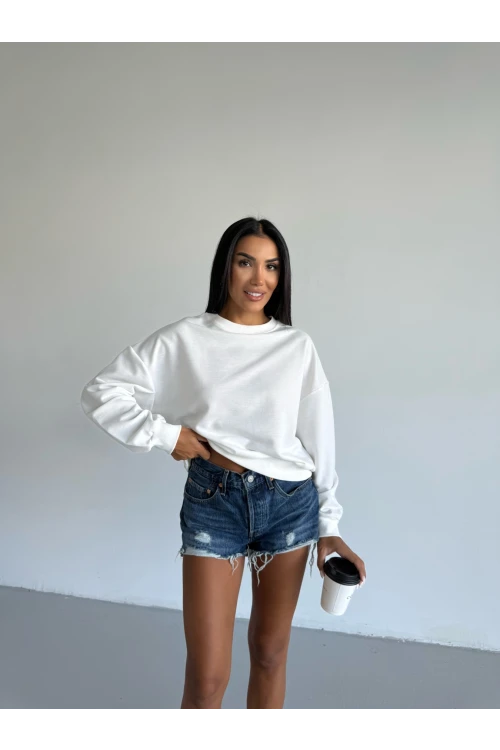 Kadın Beyaz Bisiklet Yaka 2 İplik Sweatshirt HZL25W-FRY123391