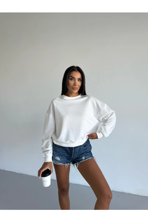 Kadın Beyaz Bisiklet Yaka 2 İplik Sweatshirt HZL25W-FRY123391