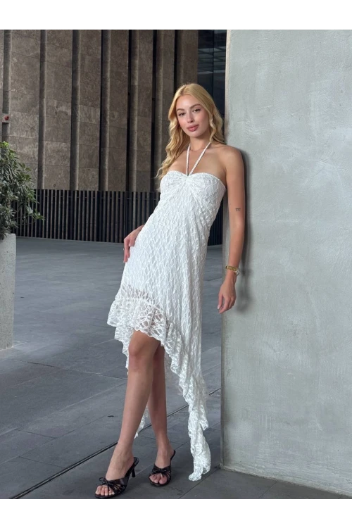 Kadın Beyaz Boyundan Bağlamalı Straplez Asimetrik Astarlı Dantel Elbise HZL25S-ZK13671