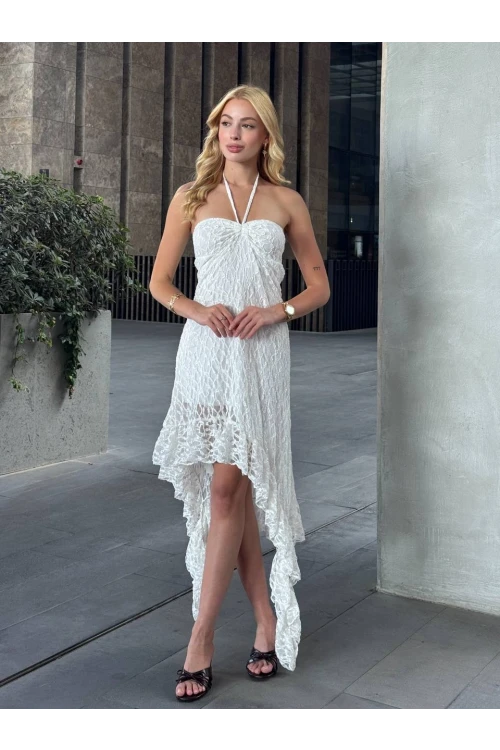 Kadın Beyaz Boyundan Bağlamalı Straplez Asimetrik Astarlı Dantel Elbise HZL25S-ZK13671