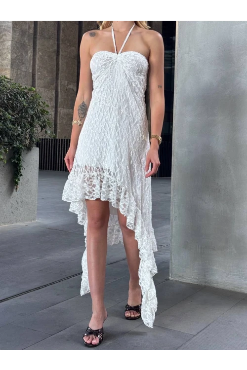 Kadın Beyaz Boyundan Bağlamalı Straplez Asimetrik Astarlı Dantel Elbise HZL25S-ZK13671
