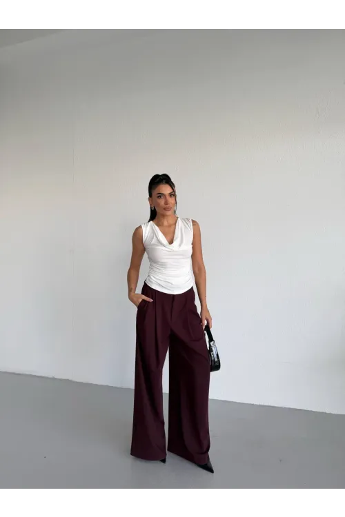 Kadın Beyaz Degaje Yaka Yanlardan Drapeli Sandy Bluz HZL25S-FRY123131