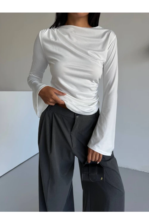 Kadın Beyaz Drape Detaylı İspanyol Kol Sany Bluz HZL25W-FRY123431