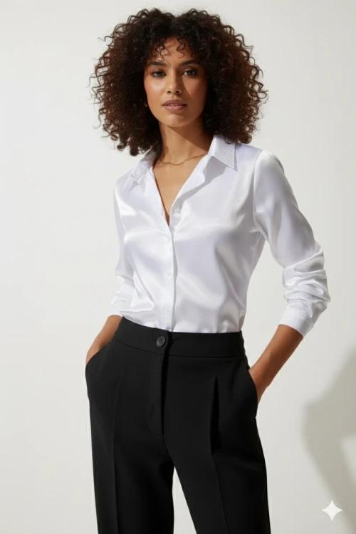 Kadın Beyaz Hafif Dökümlü Saten Yüzeyli Gömlek HZL22W-BD139641