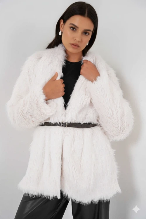 Kadın Beyaz Kemer Detaylı Astarlı Peluş Kürk Mont HZL25W-BD191561