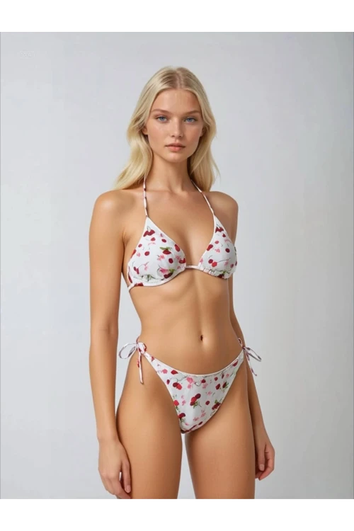 Kadın Beyaz Kiraz Temalı Boyundan İp Bağlamalı Üçgen Bikini Takımı HZL25S-LC5005