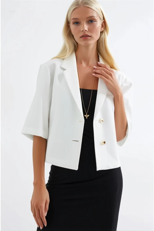 Kadın Beyaz Kısa Kollu Şal Yaka Düğmeli Mevsimlik Keten Ayrobin Ceket HZL24S-BD107061