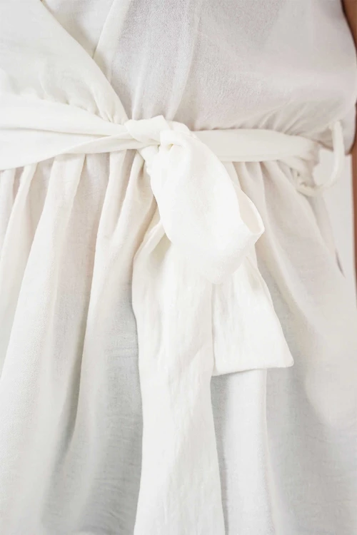 Kadın Beyaz Kruvaze Yaka Beli Lastikli Kuşaklı Bluz HZL25S-BD19661