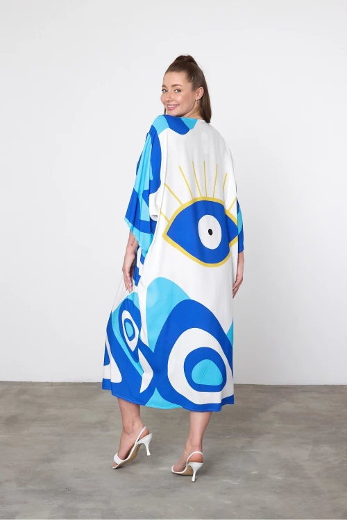 Kadın Beyaz Mavi Desenli Büyük Beden Düğmeli Gömlek Elbise HZL25S-VM19051