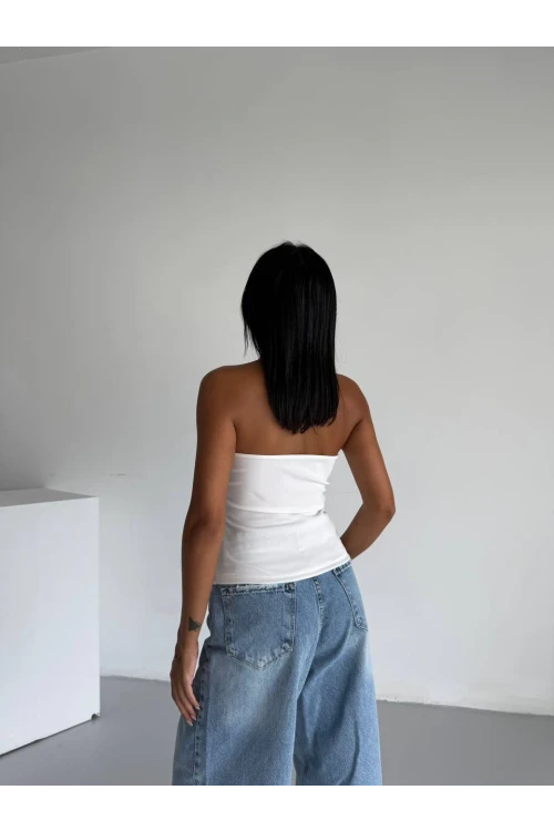 Kadın Beyaz Ottoman Kumaş Halter Yaka Toka Detay Bluz HZL26W-FRY123321