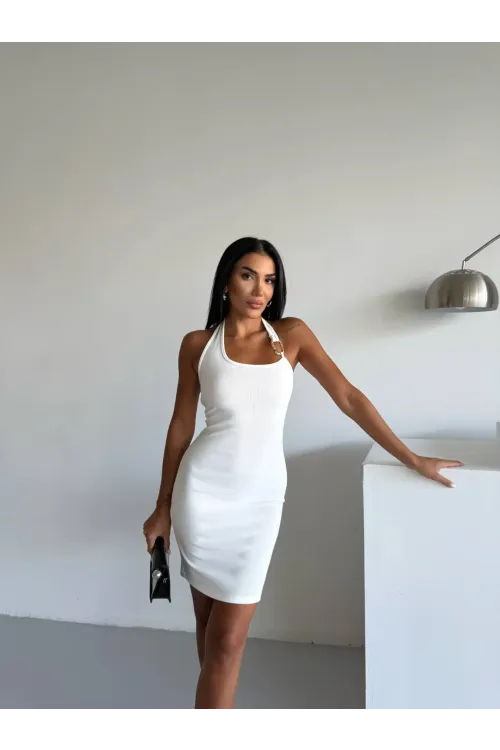 Kadın Beyaz Ottoman Kumaş Halter Yaka Toka Detay Elbise HZL26W-FRY123411