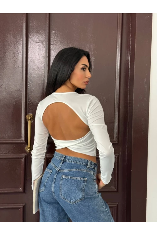 Kadın Beyaz Sırt Dekolteli  Uzun Kollu Sandy Bluz HZL25W-FRY123381