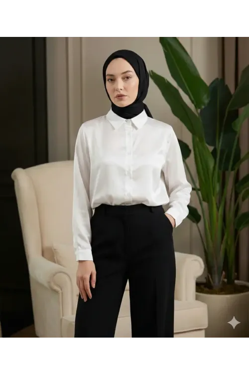 Kadın Beyaz Tesettür Küçük ve Büyük Bedenler Hafif Dökümlü Saten Yüzeyli Gömlek HZL25W-BD139641