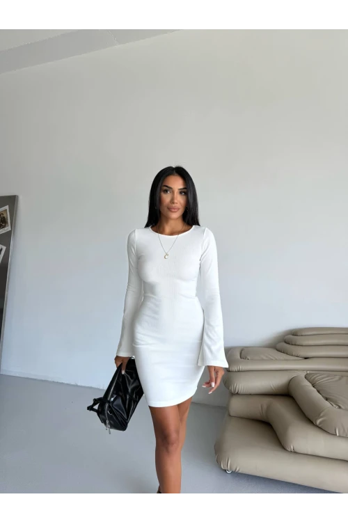 Kadın Beyaz Uzun Kol Ottomon Kumaş Elbise HZL25W-FRY123341