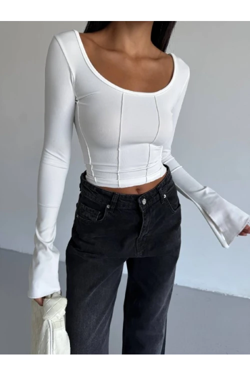 Kadın Beyaz Uzun Kollu Arkası Bağlamalı Fit Kesim Crop Bluz HZL25W-FRY122771