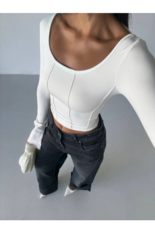 Kadın Beyaz Uzun Kollu Arkası Bağlamalı Fit Kesim Crop Bluz HZL25W-FRY122771