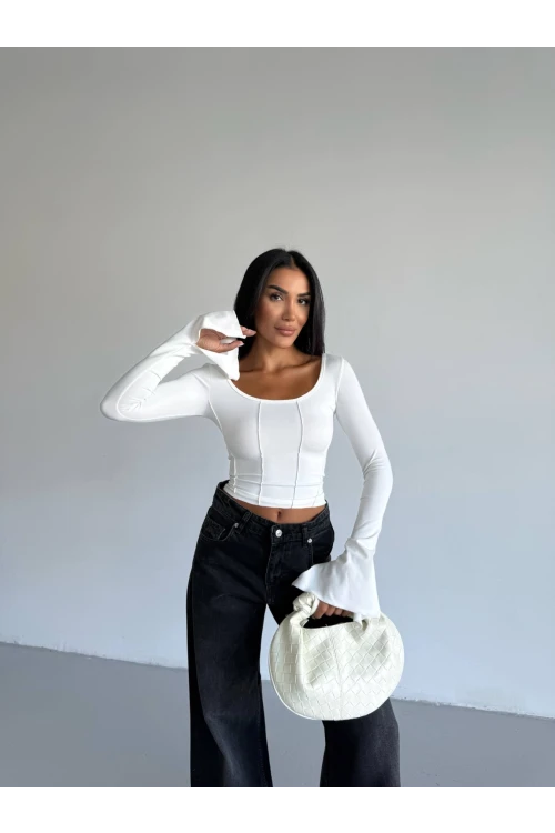 Kadın Beyaz Uzun Kollu Arkası Bağlamalı Fit Kesim Crop Bluz HZL25W-FRY122771