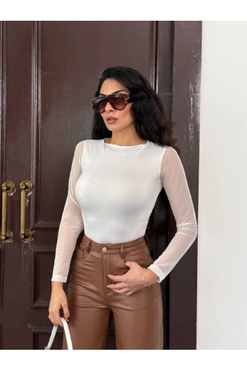 Kadın Beyaz Uzun Tül Kol Sandy Bluz HZL25W-FRY122521