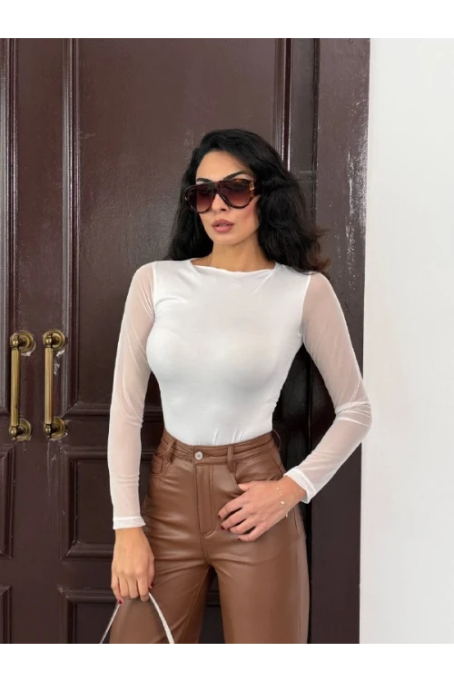 Kadın Beyaz Uzun Tül Kol Sandy Bluz HZL25W-FRY122521