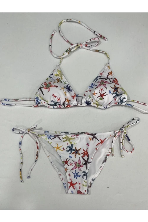 Kadın Beyaz Yıldız Temalı Boyundan İp Bağlamalı Üçgen Bikini Takımı HZL25S-LC5005