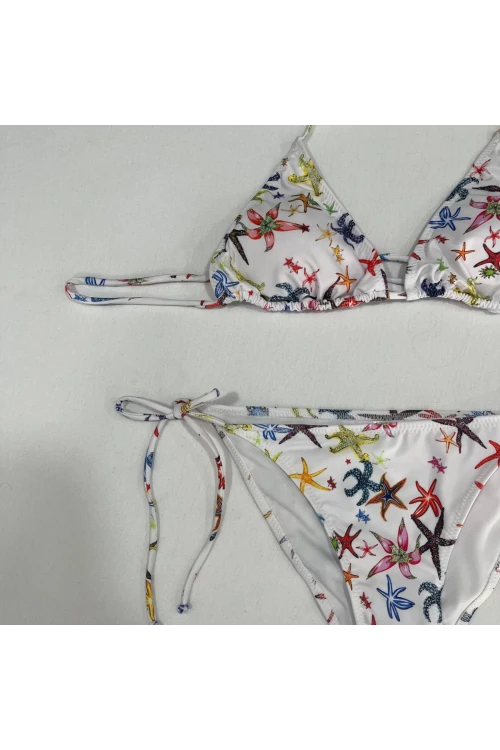 Kadın Beyaz Yıldız Temalı Boyundan İp Bağlamalı Üçgen Bikini Takımı HZL25S-LC5005