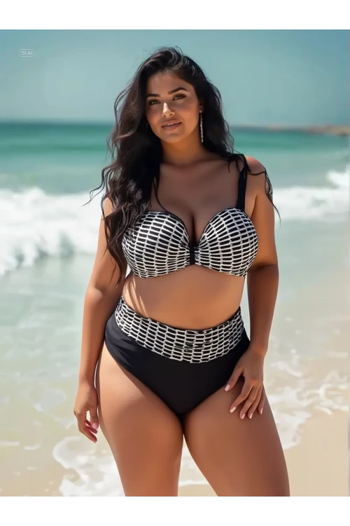 Kadın Beyaz Zincir Desenli Büyük Beden Astarlı Siyah Bikini Takım HZL25S-LC3303