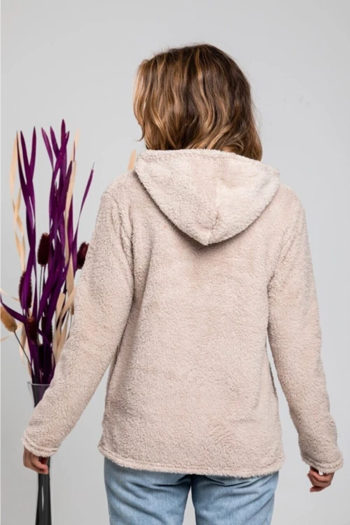 Kadın Bisküvi Welsoft esnek kumaş Peluş Yumoş Önü Fermuarlı Kapüşonlu Ceket HZL23W-DSB110081