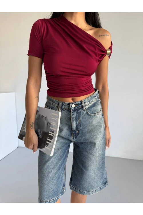 Kadın Bordo Asimetrik Drapelim Omuz Aksesuarlı Sandy Bluz HZL25S-FRY123231